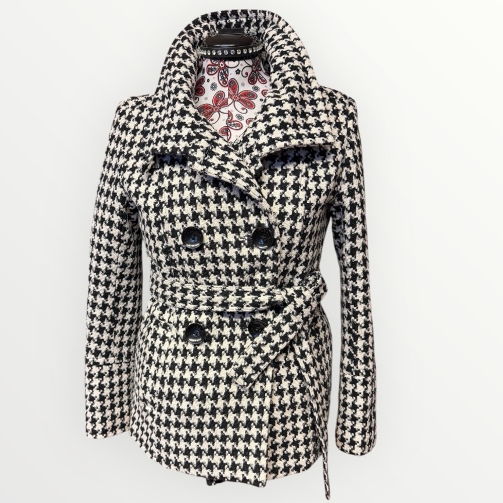 Beechers Brook Houndstooth Wool Blend Pea Coat L